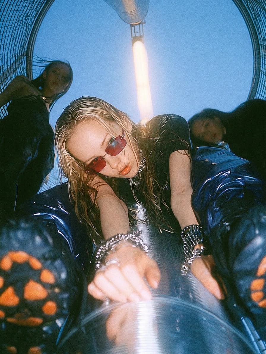 A model crouches against a blue studio backdrop in Glosswear sunglasses.