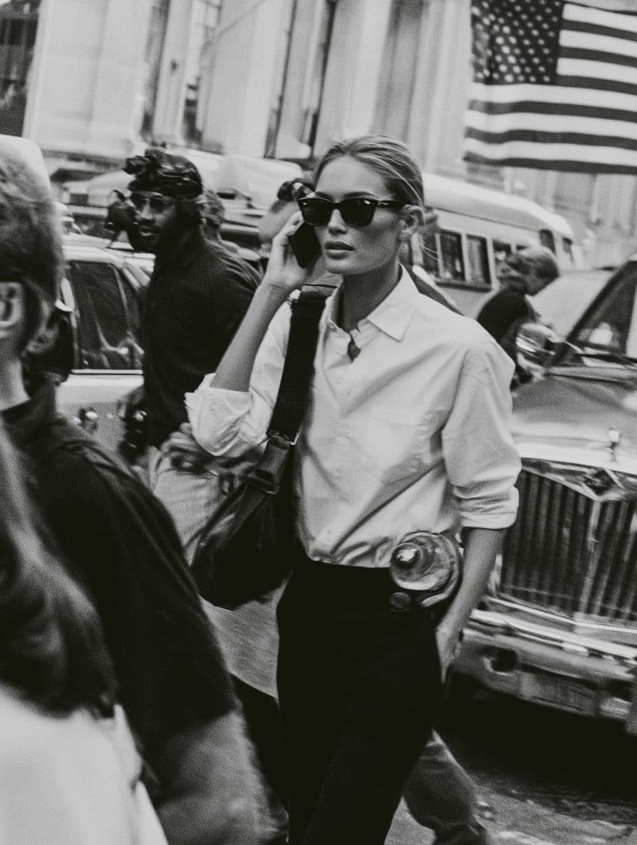 A woman in a white shirt and wide trousers walks along a city street in late sun.