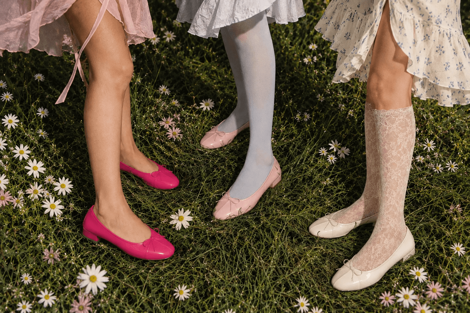 Three pairs of legs in a daisy meadow: hot pink patent ballet flats under a pink dress, pale pink flats with blue tights, cream flats with lace knee socks under a blue floral skirt.