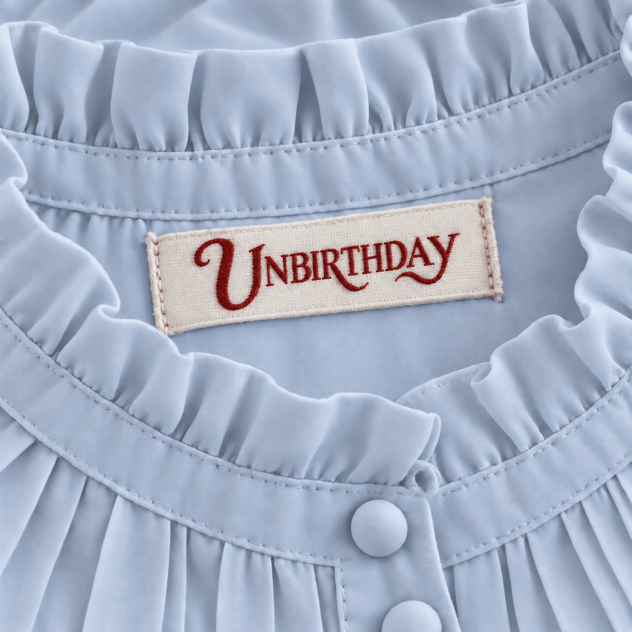 A woven Unbirthday label in red script, sewn into the ruffled collar of a pale blue dress.