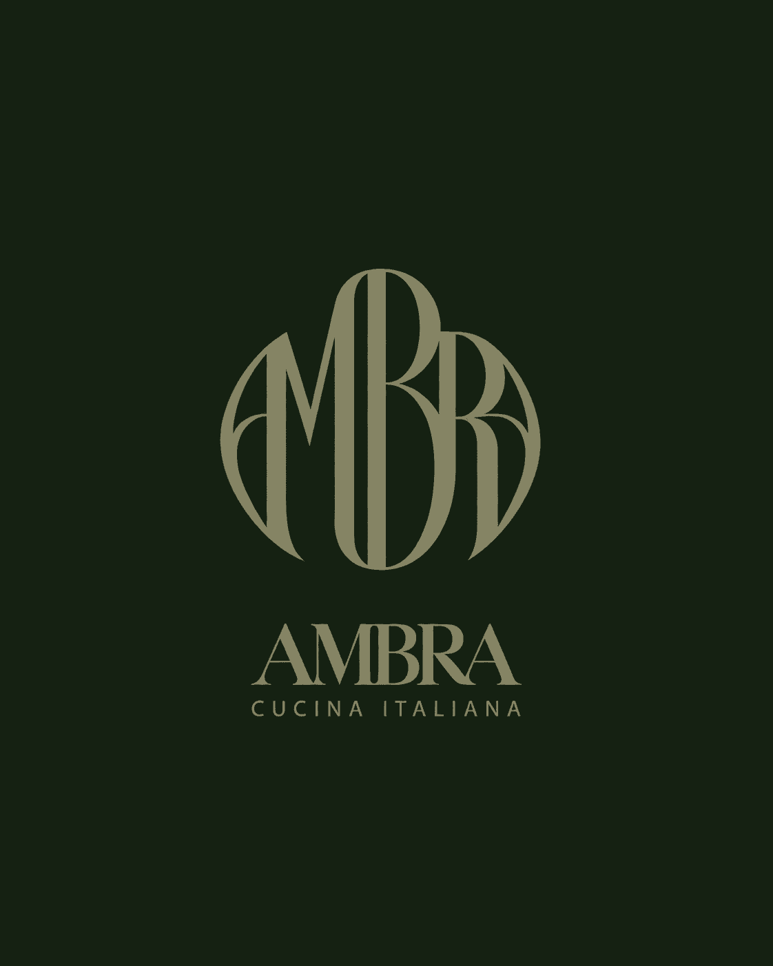 The Ambra monogram on dark olive ground, the interlocking circular mark above the AMBRA wordmark and Cucina Italiana line.